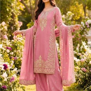 Embroidered Pink Traditional sharara  Suit with Gold Accents